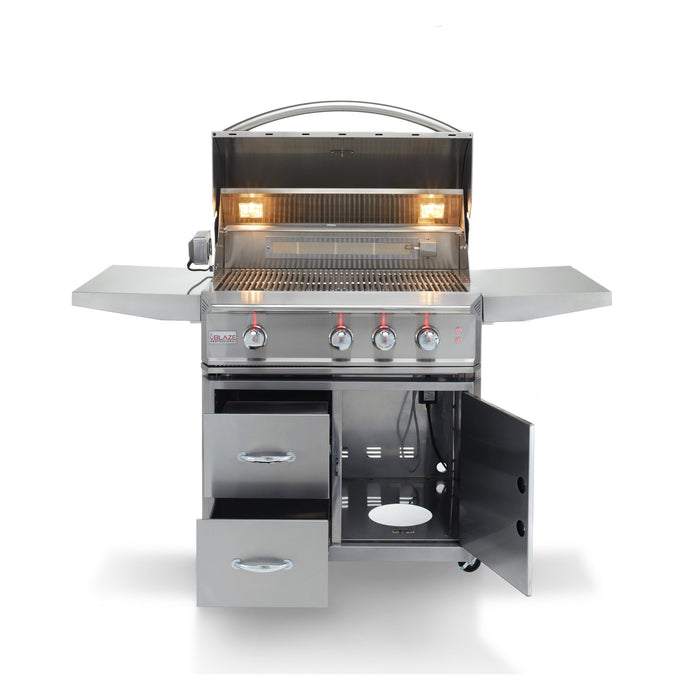 Blaze Professional LUX 34-inch gas grill on cart, studio, drawers and door open