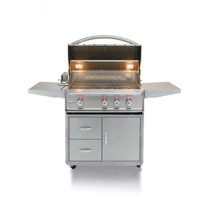 Blaze Professional LUX 34-inch gas grill on cart, studio, front, lid open with lights
