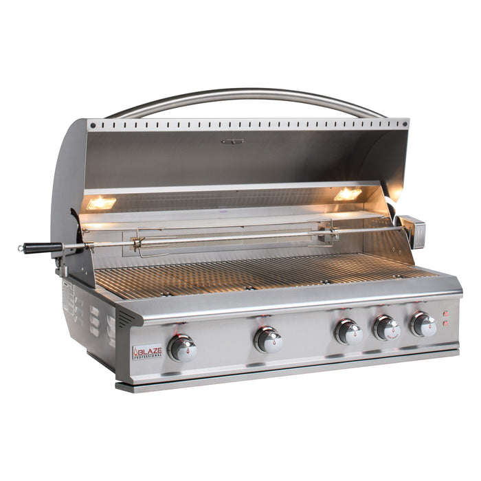 Blaze Professional LUX 44-inch built-in gas grill, studio, angle, lid open with lights