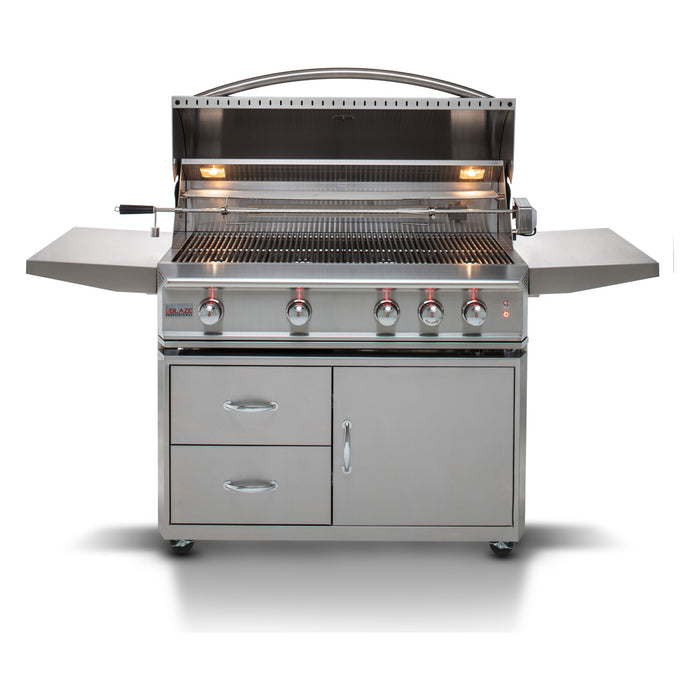 Blaze Professional LUX 44-inch gas grill on cart, studio, front, lid open with lights