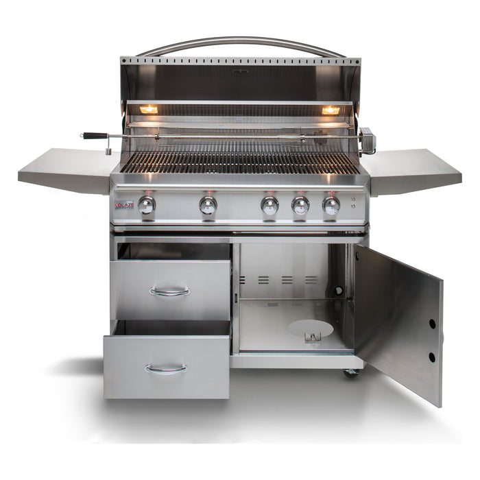 Blaze Professional LUX 44-inch gas grill on cart, studio, drawers and door open