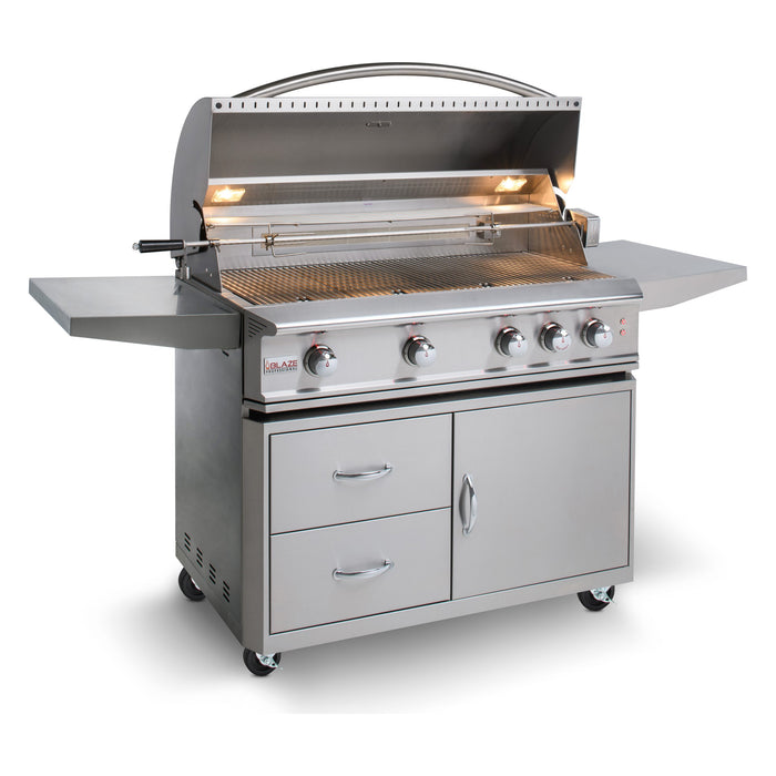 Blaze Professional LUX 44-inch gas grill on cart, studio, angle, lid open