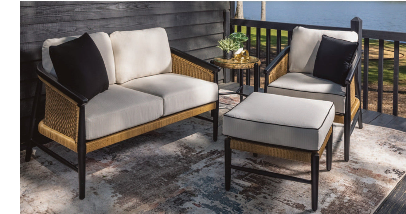 Lloyd Flanders black throw pillows on a Galloway loveseat and chair