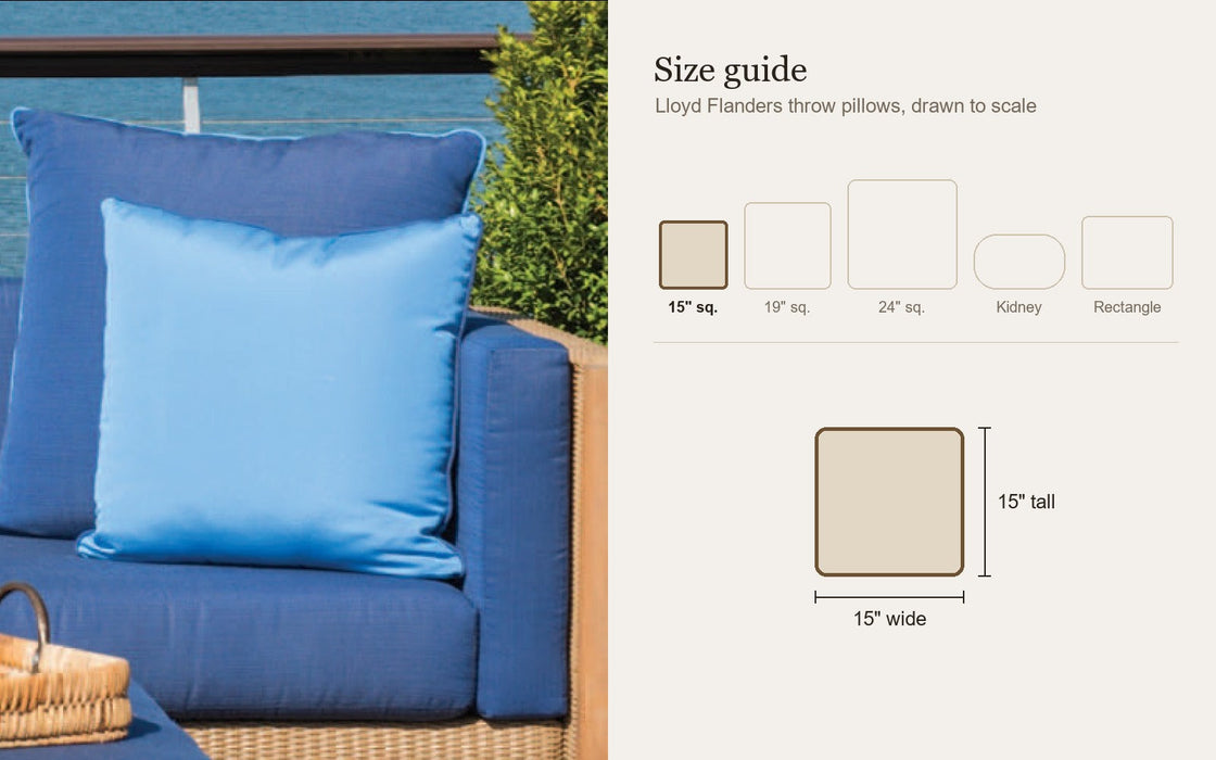Size guide: Lloyd Flanders 15 inch square throw pillow, drawn to scale with the other sizes