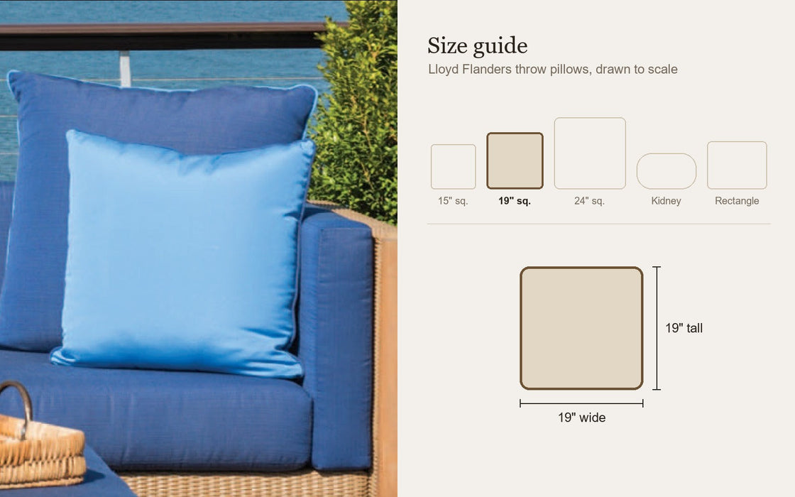 Size guide: Lloyd Flanders 19 inch square throw pillow, drawn to scale with the other sizes