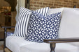 Lloyd Flanders throw pillows in a navy lattice print and navy stripe on Low Country seating
