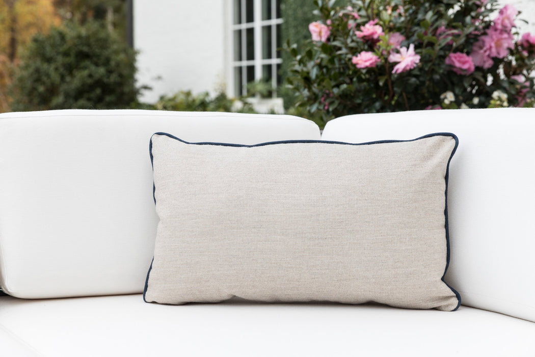 Lloyd Flanders rectangular lumbar pillow in natural linen-look fabric with navy contrast welt