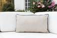 Lloyd Flanders rectangular lumbar pillow in natural linen-look fabric with navy contrast welt