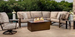 OW Lee Arc 5-Piece Sectional Set with swivel rocker around a fire table