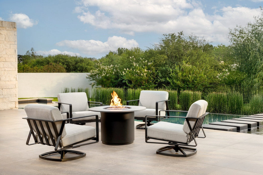 OW Lee Horizon swivel rocker lounge chairs, set of 4, around a Nova fire pit