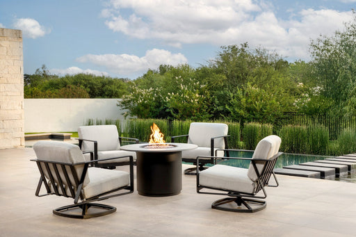 OW Lee Horizon swivel rocker lounge chairs, set of 4, around a Nova fire pit