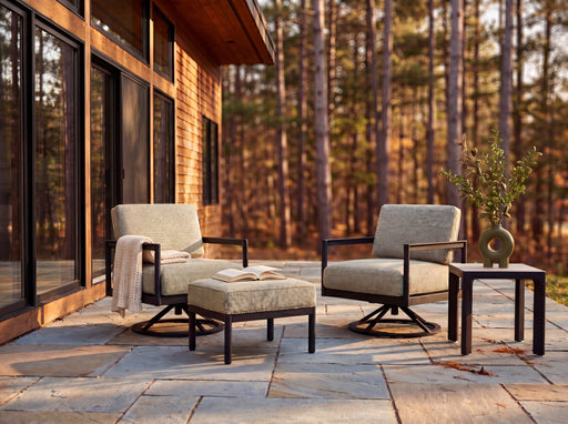 Woodard Brook Swivel Lounge Chair, shown in a Woodard outdoor setting (some pieces shown are sold separately)