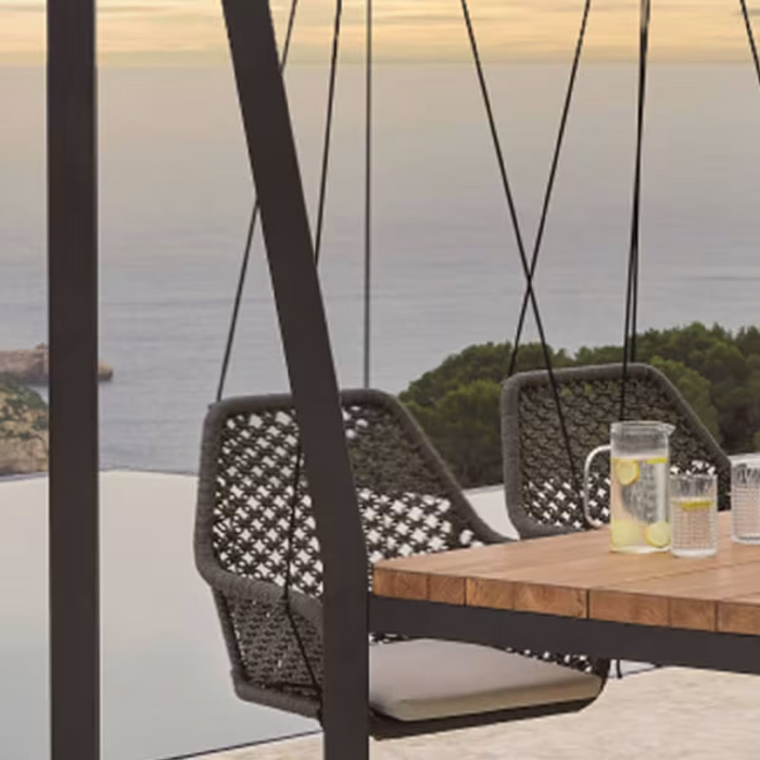 Skyline Design Horizon Pergola with Lamp, Hanging Chairs & Teak Table