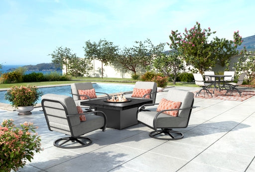 Concrete square fire table with Homecrest Anthem swivel rockers