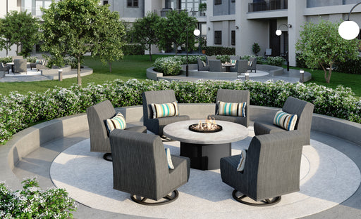 Concrete round fire table with Homecrest Edge Air swivel chairs