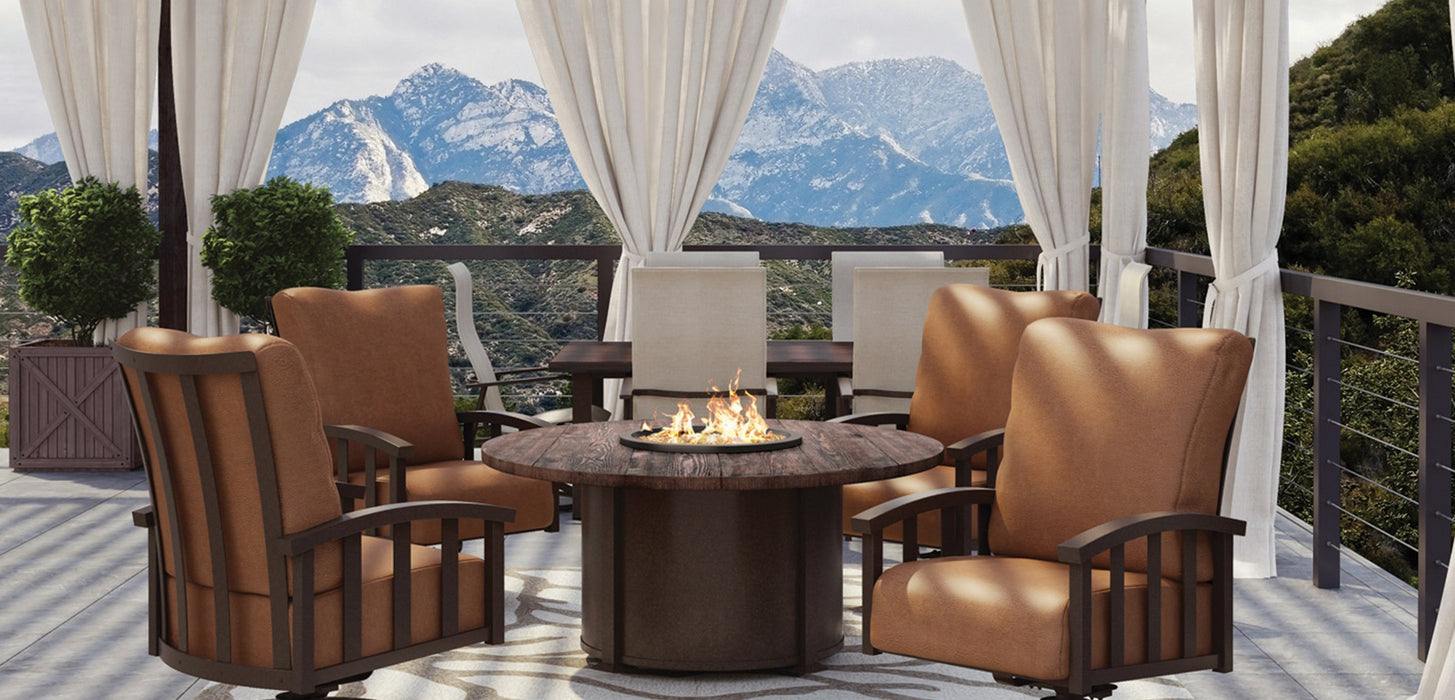 Homecrest Timber round fire table with swivel rockers