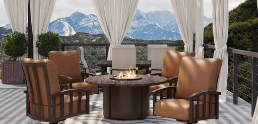 Homecrest Timber round fire table with swivel rockers