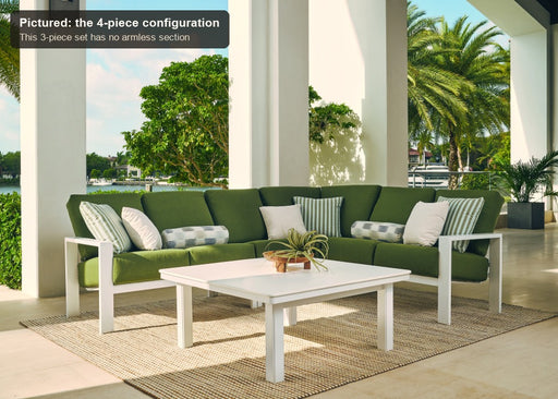 Telescope Casual Larssen sectional on a covered patio, pictured in the 4-piece configuration with an armless section