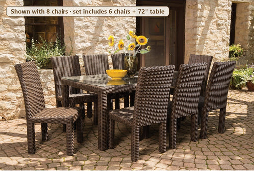 Lloyd Flanders Mesa 7-piece dining set on a patio (shown with 8 chairs; set includes 6 chairs and the 72" table)