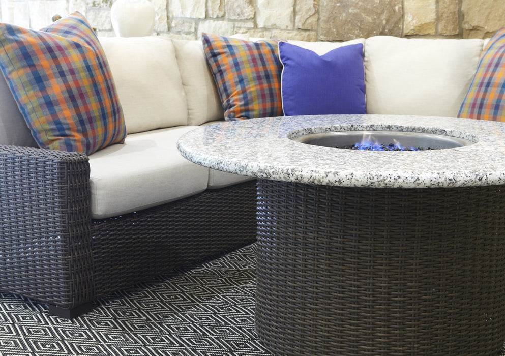 Lloyd Flanders Mesa sectional and round fire table, close up