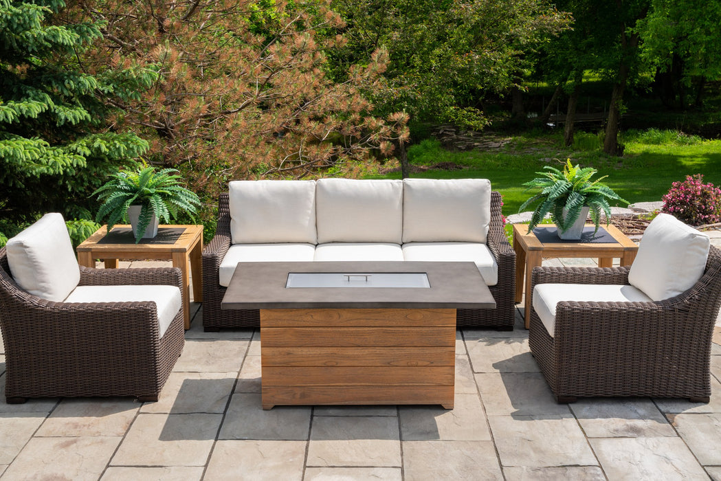 Lloyd Flanders Teak 52 inch rectangular fire table with Mesa seating, second view