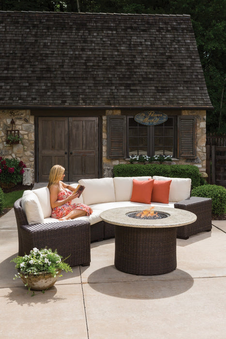 Lloyd Flanders Mesa curved sectional with fire table, front view