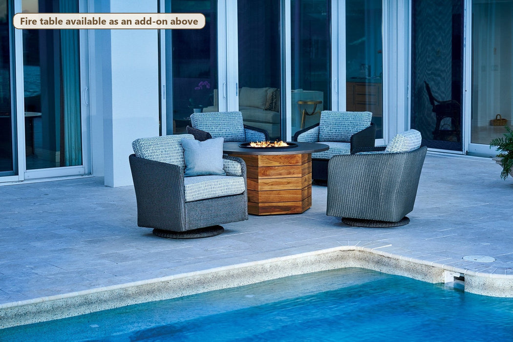 Lloyd Flanders Visions 4-Piece Swivel Glider Set on a patio (Fire table available as an add-on above)