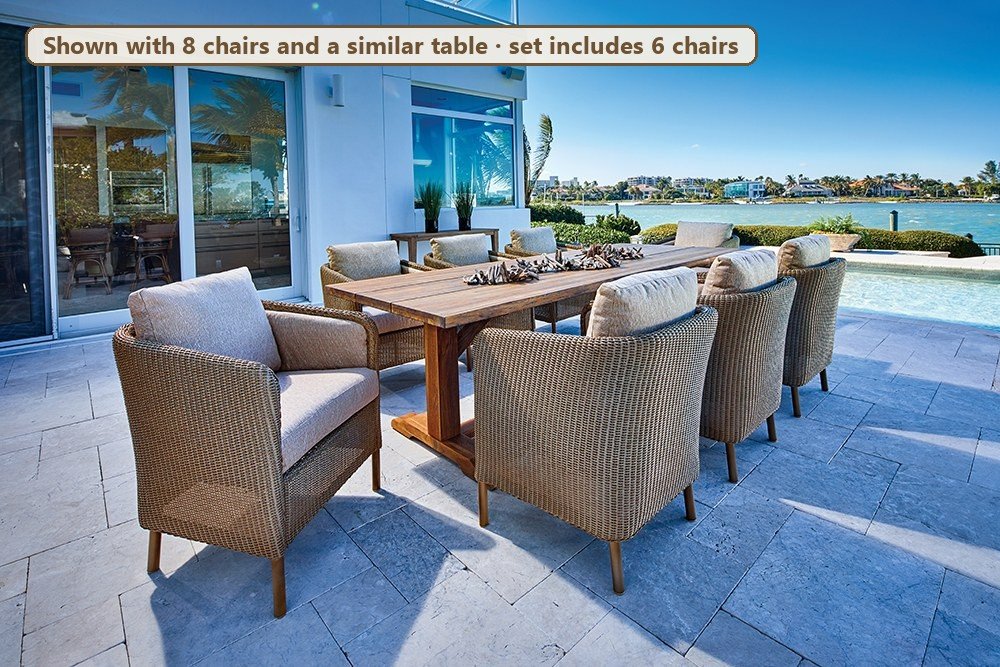 Lloyd Flanders Visions 7-Piece Teak Dining Set on a waterfront terrace (shown with 8 chairs and a similar table; set includes 6 chairs)