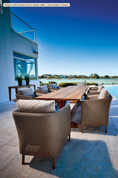 Lloyd Flanders Visions 7-Piece Teak Dining Set on a patio (Shown with 8 chairs and a similar table · set includes 6 chairs)