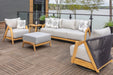 Lloyd Flanders Alpine 4-piece lounge set: sofa, ottoman, lounge chair and swivel chair on a lakeside deck