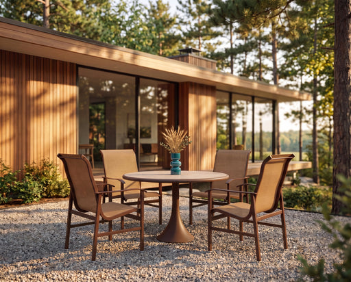 Woodard Louie 5-Piece Dining Set, shown in a Woodard outdoor setting (shown in sling with the Light Travertine top; the vase is not included)