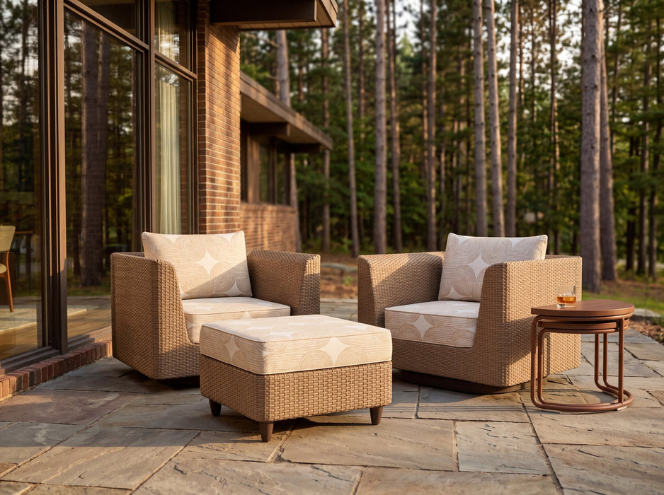 Woodard Mingle 3-Piece Swivel Lounge Set, shown in a Woodard outdoor setting (the side tables shown (the Mingle semi-circle side tables) are sold separately)