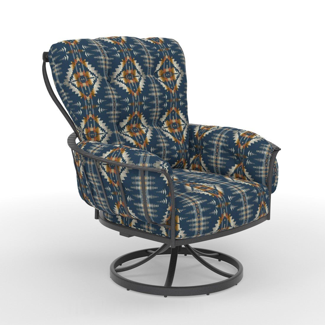 OW Lee Monterra swivel rocker in Carbon Black with Juniper Mesa Indigo fabric