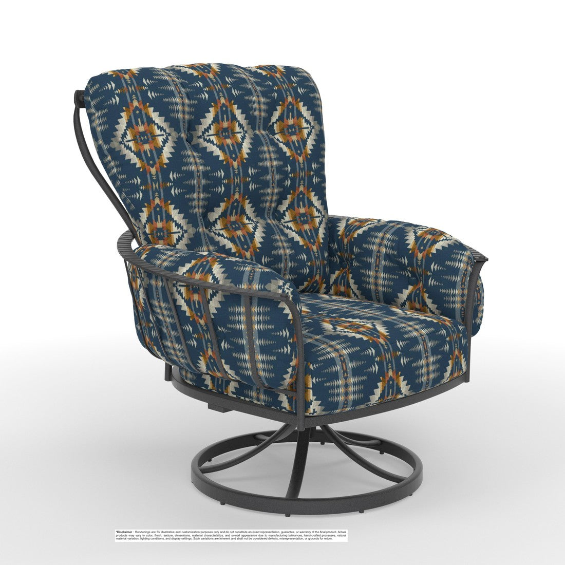 OW Lee Monterra swivel rocker in Carbon Black with Juniper Mesa Indigo fabric