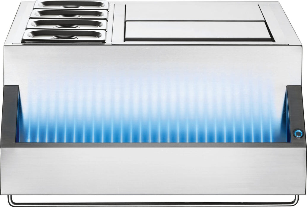 Napoleon beverage center front view with blue LED lighting