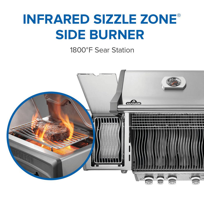 Infrared SIZZLE ZONE side burner, 1,800F sear station