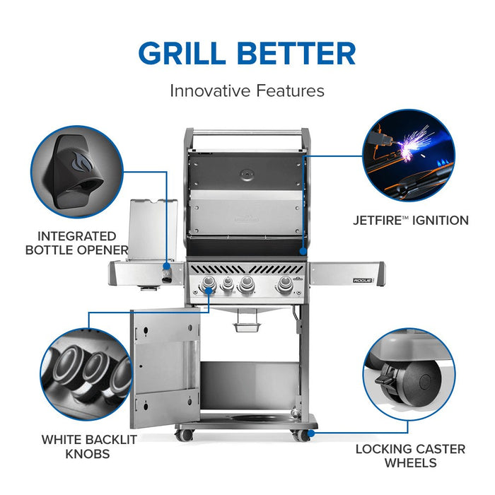 Innovative features: integrated bottle opener, JETFIRE ignition, white backlit knobs, locking caster wheels