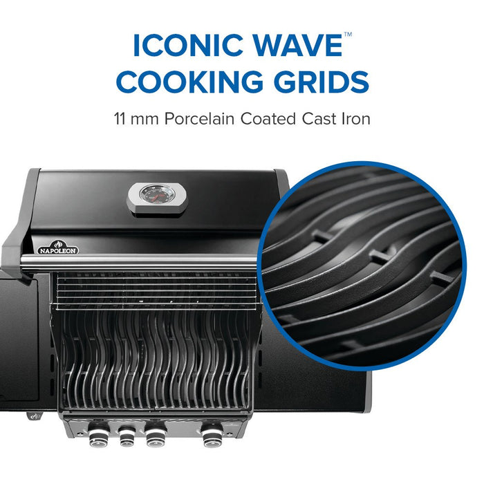 Black models: 11 mm porcelain-coated cast iron Wave grids
