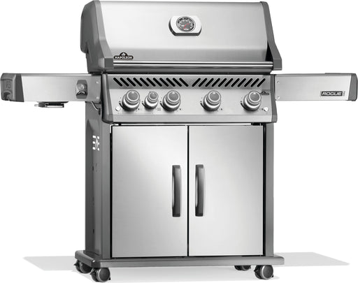 Napoleon Rogue PRO 525 gas grill in stainless steel, angled view