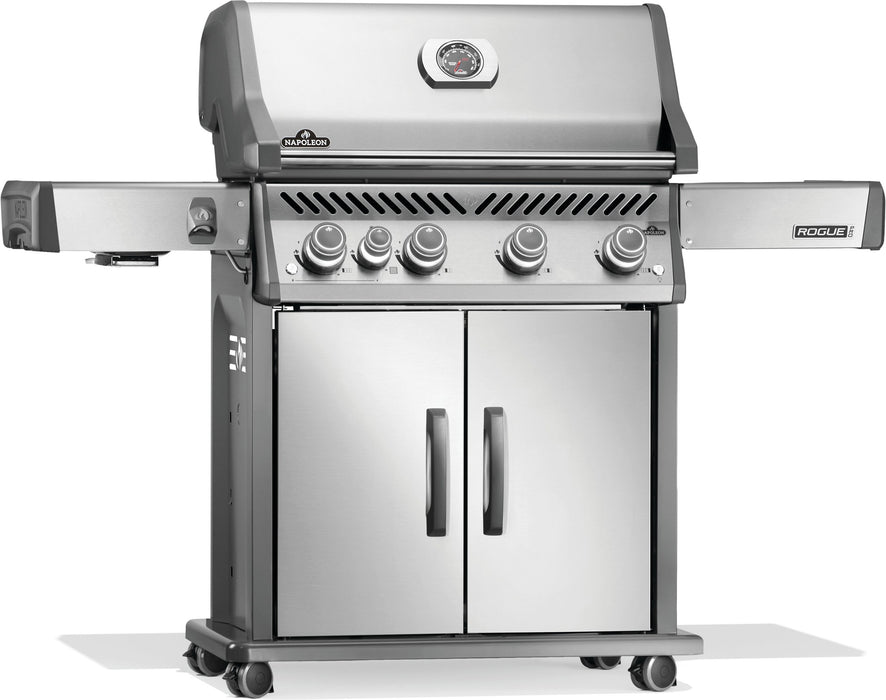 Napoleon Rogue PRO 525 gas grill in stainless steel, angled view