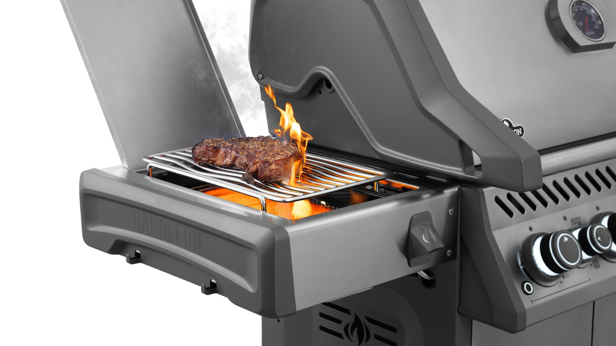 Steak searing on the infrared SIZZLE ZONE side burner