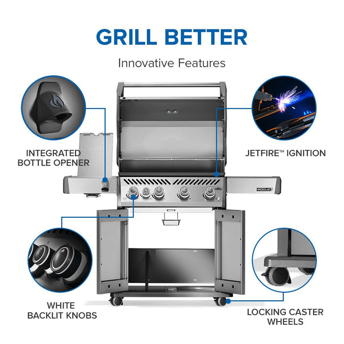 Innovative features: integrated bottle opener, JETFIRE ignition, white backlit knobs, locking caster wheels