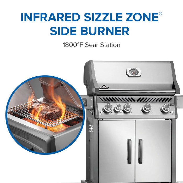 Infrared SIZZLE ZONE side burner, 1,800F sear station