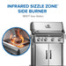 Infrared SIZZLE ZONE side burner, 1,800F sear station