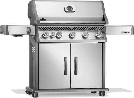 Napoleon Rogue PRO 625 gas grill in stainless steel, angled view