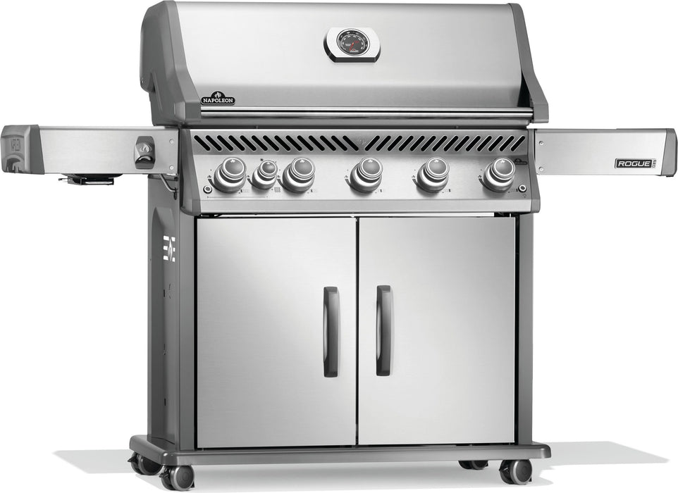 Napoleon Rogue PRO 625 gas grill in stainless steel, angled view