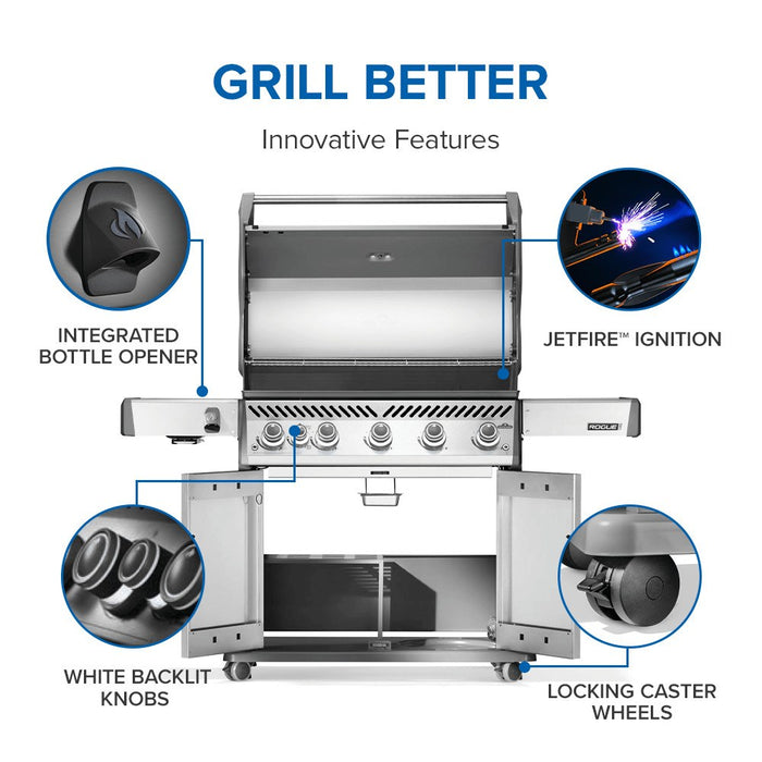 Innovative features: integrated bottle opener, JETFIRE ignition, white backlit knobs, locking caster wheels