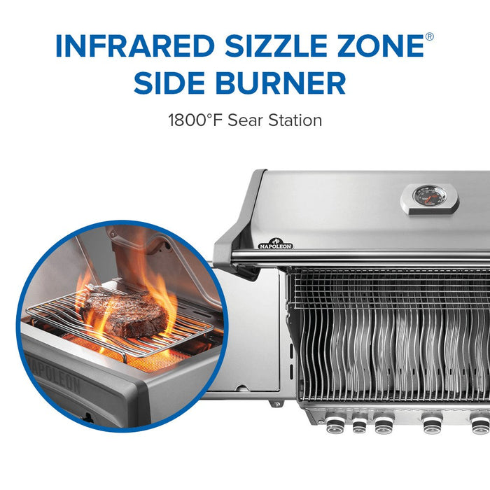 Infrared SIZZLE ZONE side burner, 1,800F sear station