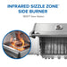 Infrared SIZZLE ZONE side burner, 1,800F sear station