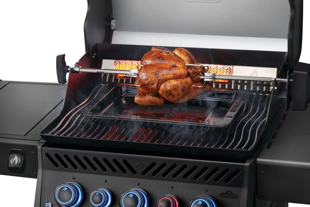 Rotisserie chicken over the infrared rear burner (rotisserie kit sold separately)